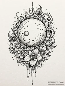 Orb beneath celestial bloom, ink illustration... - эскиз тату (№1752550728_0, 15.07.2025 03:38) — Tatufoto.com