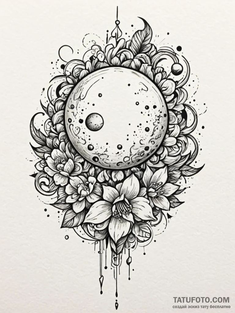 Orb beneath celestial bloom, ink illustration... - эскиз тату (№1752550728_0, 15.07.2025 03:38) — Tatufoto.com