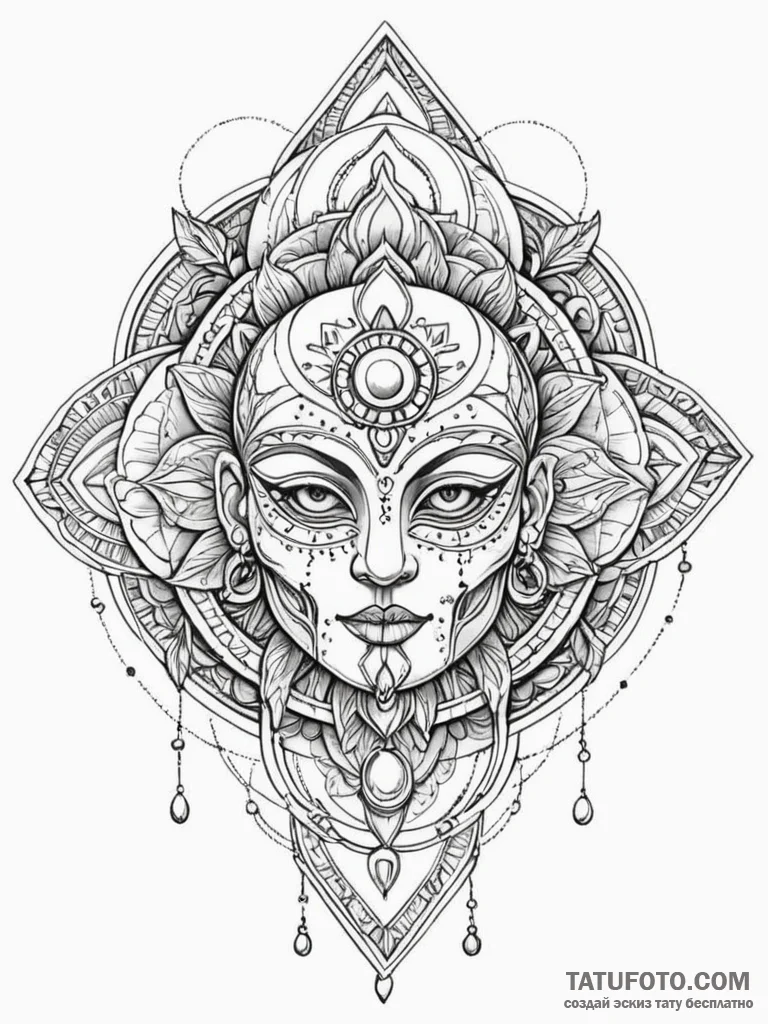 Jungle mask beneath spectral moon, tattoo lin... - эскиз тату (№1752551342_0, 15.07.2025 03:49) — Tatufoto.com