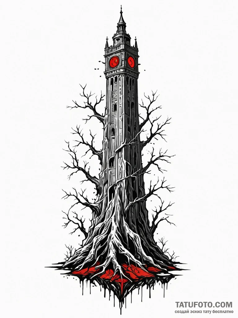 Dark tower bound in roots, ink illustration f... - эскиз тату (№1752551441_0, 15.07.2025 03:50) — Tatufoto.com