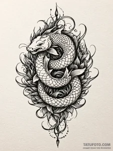 Koi serpent crowned with thorns, tattoo line... - эскиз тату (№1752551788_0, 15.07.2025 03:56) — Tatufoto.com