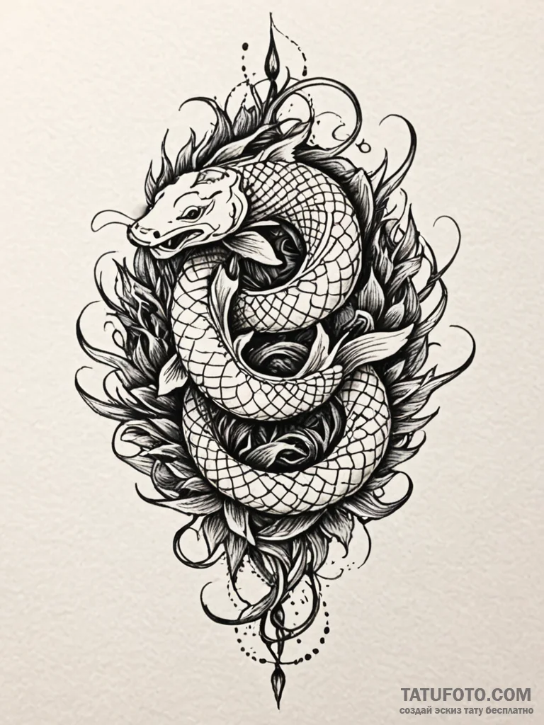 Koi serpent crowned with thorns, tattoo line... - эскиз тату (№1752551788_0, 15.07.2025 03:56) — Tatufoto.com