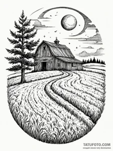 A rustic barn in a field, harvest moon in the... - эскиз тату (№1752552212_0, 15.07.2025 04:03) — Tatufoto.com