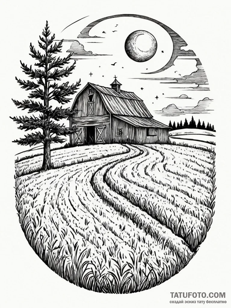 A rustic barn in a field, harvest moon in the... - эскиз тату (№1752552212_0, 15.07.2025 04:03) — Tatufoto.com