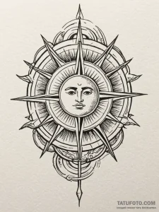 Rising sun behind fractured sigil, tattoo dra... - эскиз тату (№1752552724_0, 15.07.2025 04:12) — Tatufoto.com