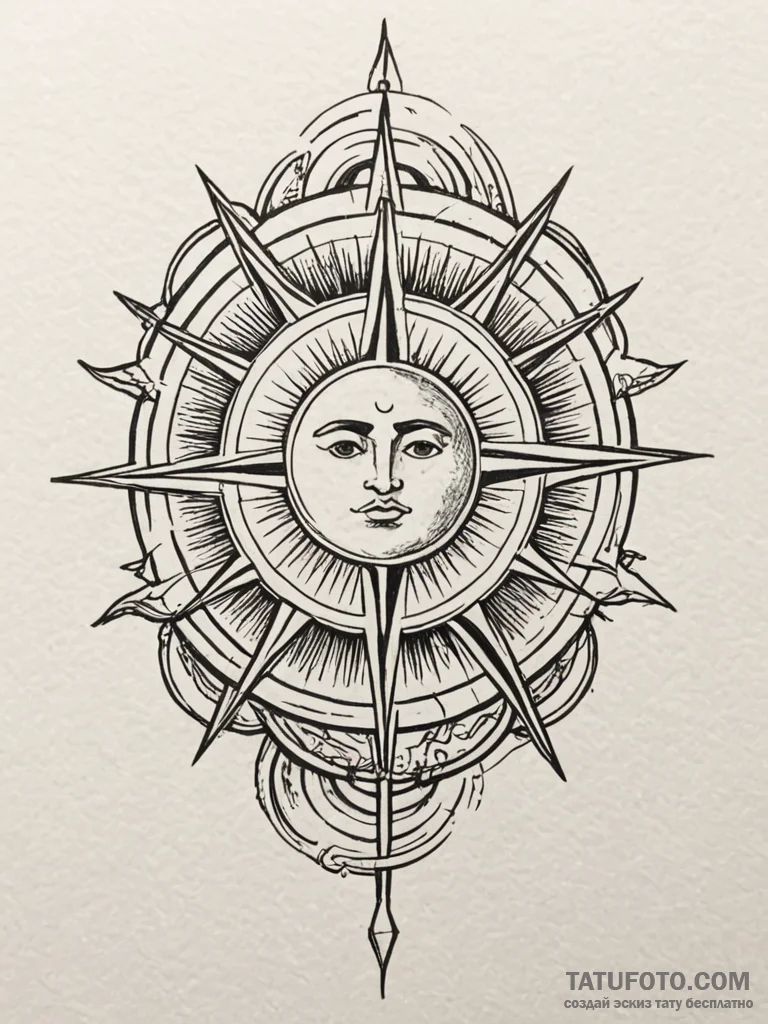 Rising sun behind fractured sigil, tattoo dra... - эскиз тату (№1752552724_0, 15.07.2025 04:12) — Tatufoto.com