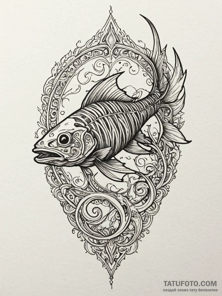 Ashen fish with skeletal fins, tattoo sketch... - эскиз тату (№1752552809_0, 15.07.2025 04:13) — Tatufoto.com