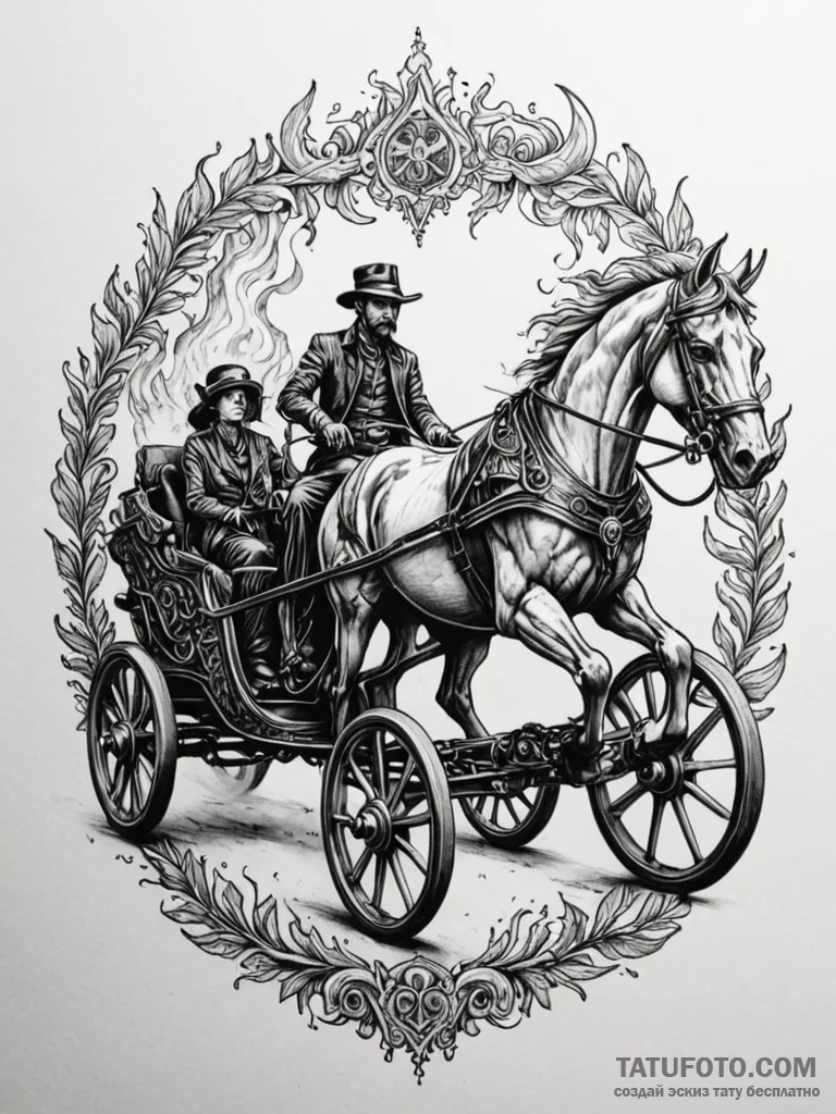 Chariot pulled by skeletal horses, wheels abl... - эскиз тату (№1752553661_0, 15.07.2025 04:27) — Tatufoto.com