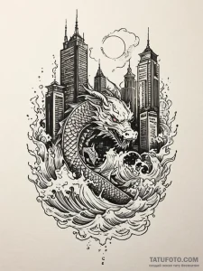 An apocalyptic cityscape, crumbling skyscrape... - эскиз тату (№1752553747_0, 15.07.2025 04:29) — Tatufoto.com
