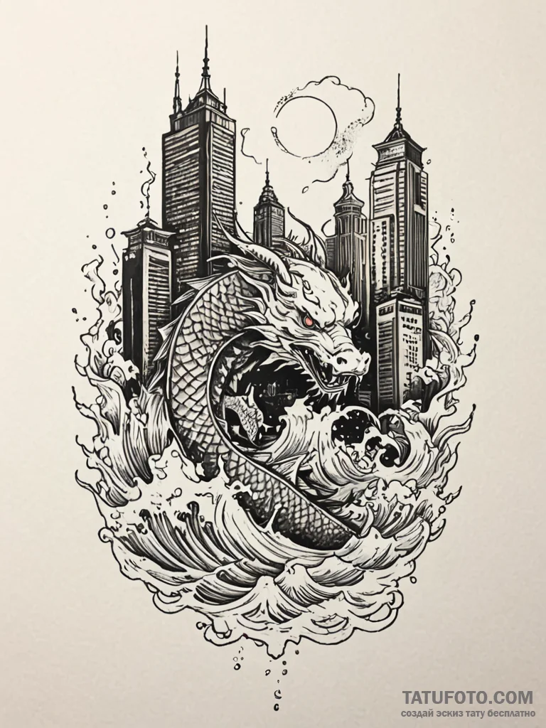An apocalyptic cityscape, crumbling skyscrape… — эскиз тату (№1752553747_0, 15.07.2025 04:29) — Tatufoto.com