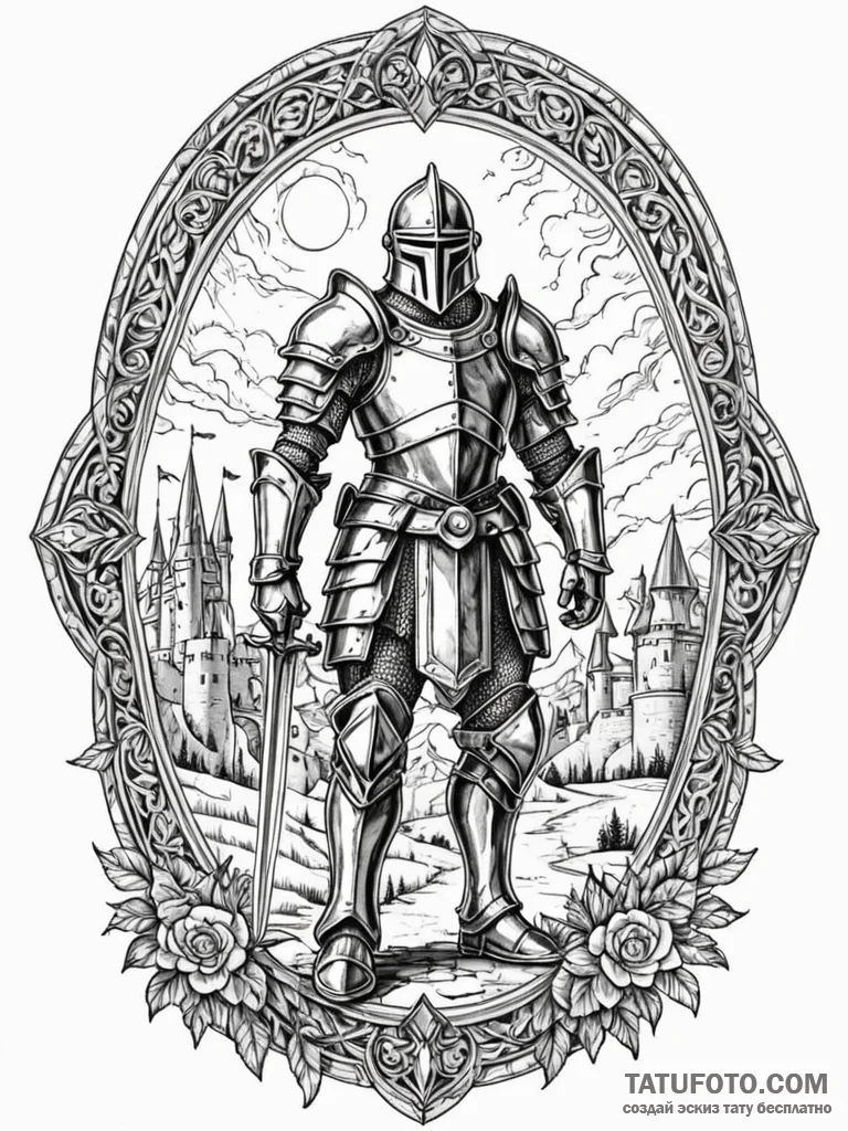 An armored knight standing guard at a castle... - эскиз тату (№1752554427_0, 15.07.2025 04:40) — Tatufoto.com