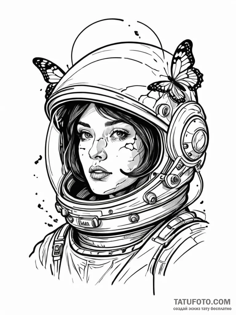Astronaut helmet with cracked visor and butte... - эскиз тату (№1752555108_0, 15.07.2025 04:51) — Tatufoto.com