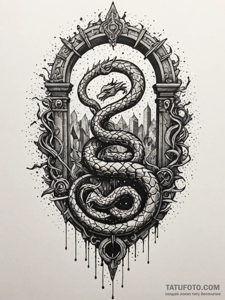 Quartz serpent beneath shattered gate, tattoo... - эскиз тату (№1752555535_0, 15.07.2025 04:58) — Tatufoto.com