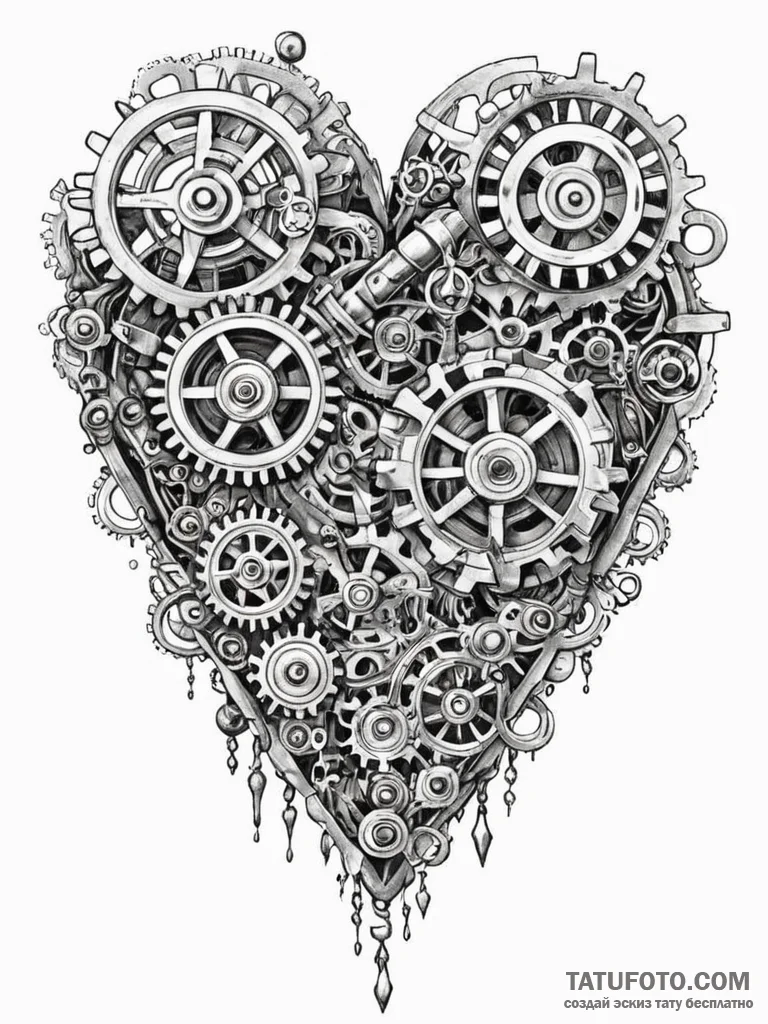 Steampunk heart with ticking gears and valves... - эскиз тату (№1752555789_0, 15.07.2025 05:03) — Tatufoto.com