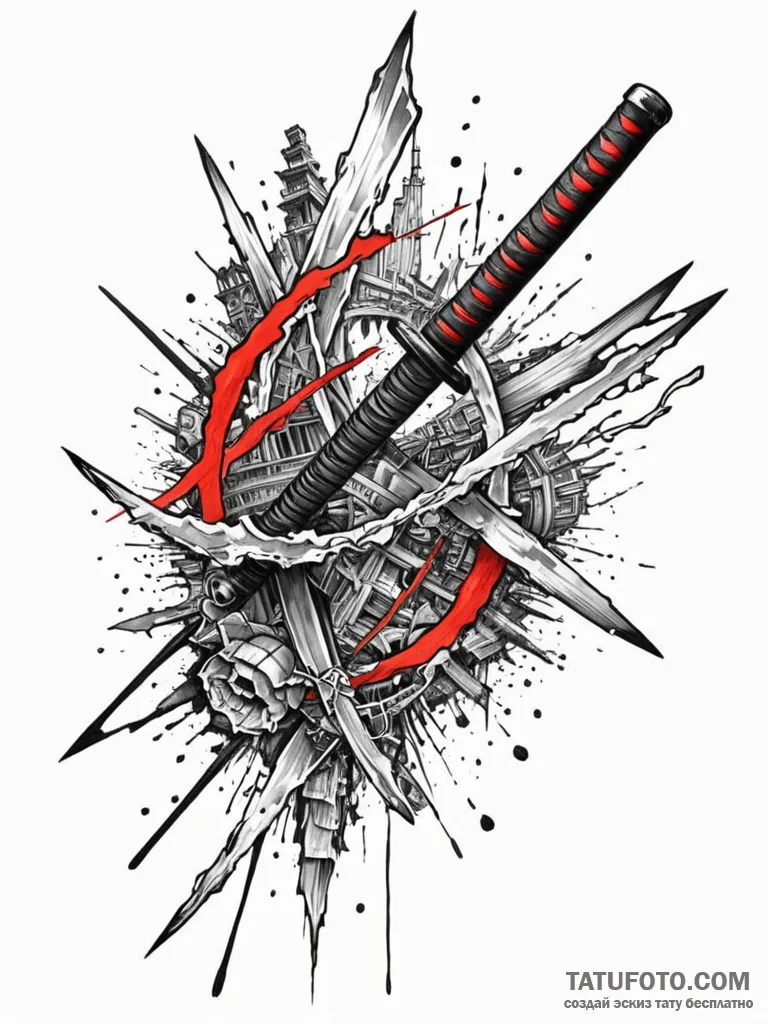 Katana beneath shattered bridge, concept art... - эскиз тату (№1752555960_0, 15.07.2025 05:06) — Tatufoto.com