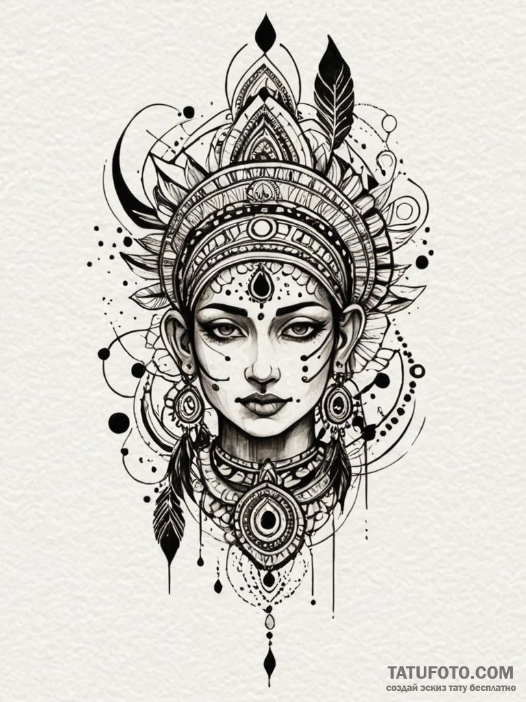 Indian, artistic tattoo sketch, fine lines, d... - эскиз тату (№1752556045_0, 15.07.2025 05:07) — Tatufoto.com