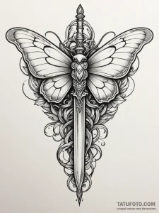 Angelic moth resting on dagger, tattoo sketch... - эскиз тату (№1752556812_0, 15.07.2025 05:20) — Tatufoto.com