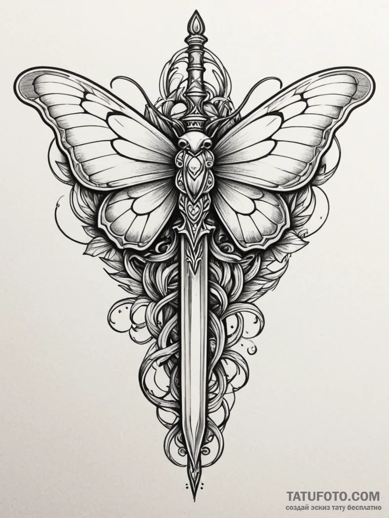 Angelic moth resting on dagger, tattoo sketch... - эскиз тату (№1752556812_0, 15.07.2025 05:20) — Tatufoto.com