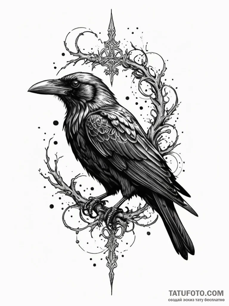 Ashen raven with cracked beak, tattoo sketch... - эскиз тату (№1752556897_0, 15.07.2025 05:21) — Tatufoto.com