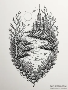 Coral reef growing on a submerged city, tatto... - эскиз тату (№1752556983_0, 15.07.2025 05:23) — Tatufoto.com