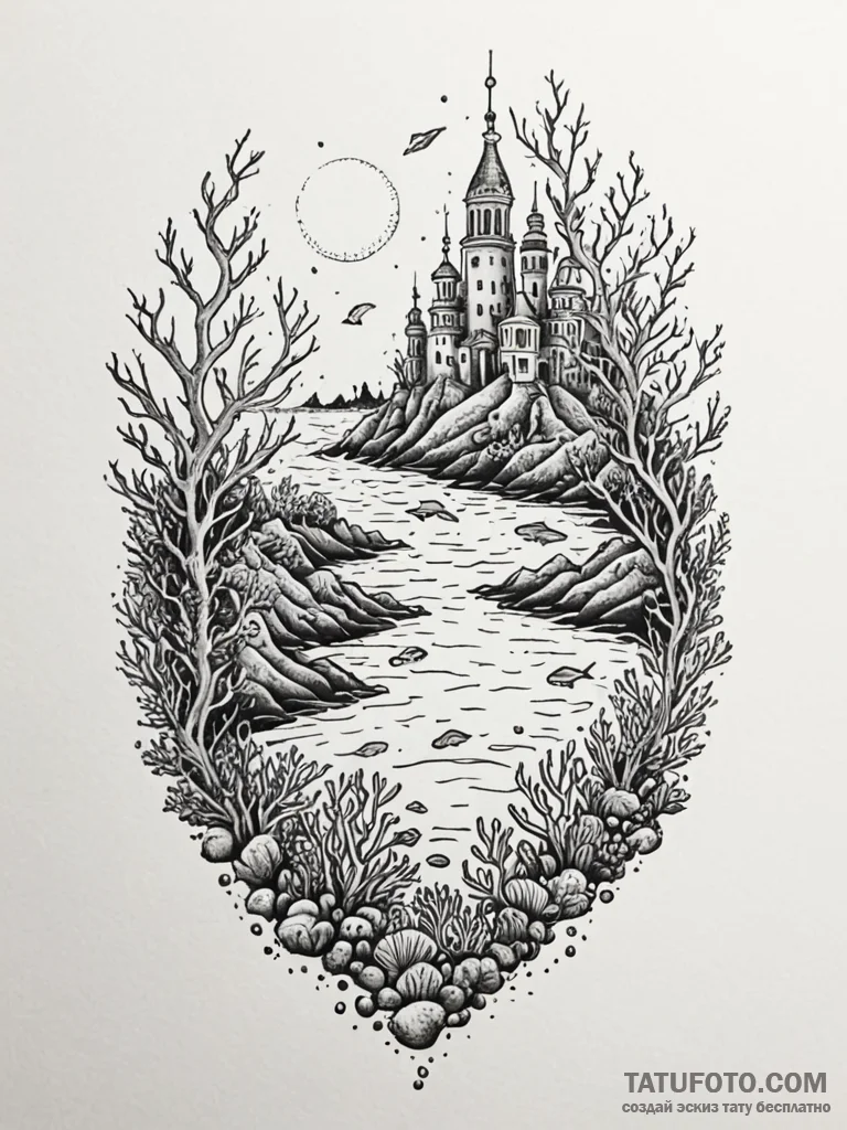 Coral reef growing on a submerged city, tatto... - эскиз тату (№1752556983_0, 15.07.2025 05:23) — Tatufoto.com
