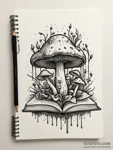 Decaying grimoire with mushrooms sprouting fr... - эскиз тату (№1752557155_0, 15.07.2025 05:25) — Tatufoto.com