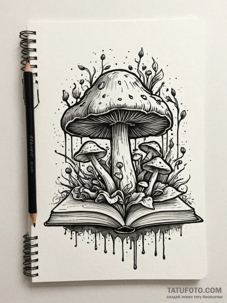 Decaying grimoire with mushrooms sprouting fr... - эскиз тату (№1752557155_0, 15.07.2025 05:25) — Tatufoto.com
