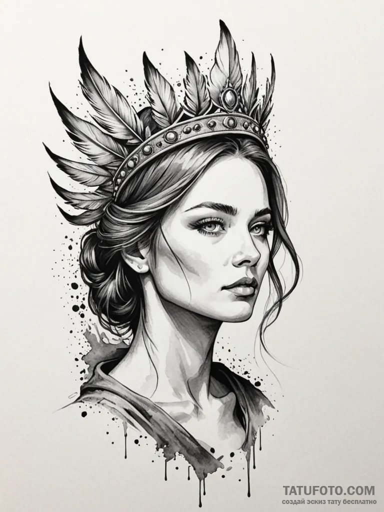 Feathered crown beneath burning sky, ink illu... - эскиз тату (№1752557928_0, 15.07.2025 05:38) — Tatufoto.com