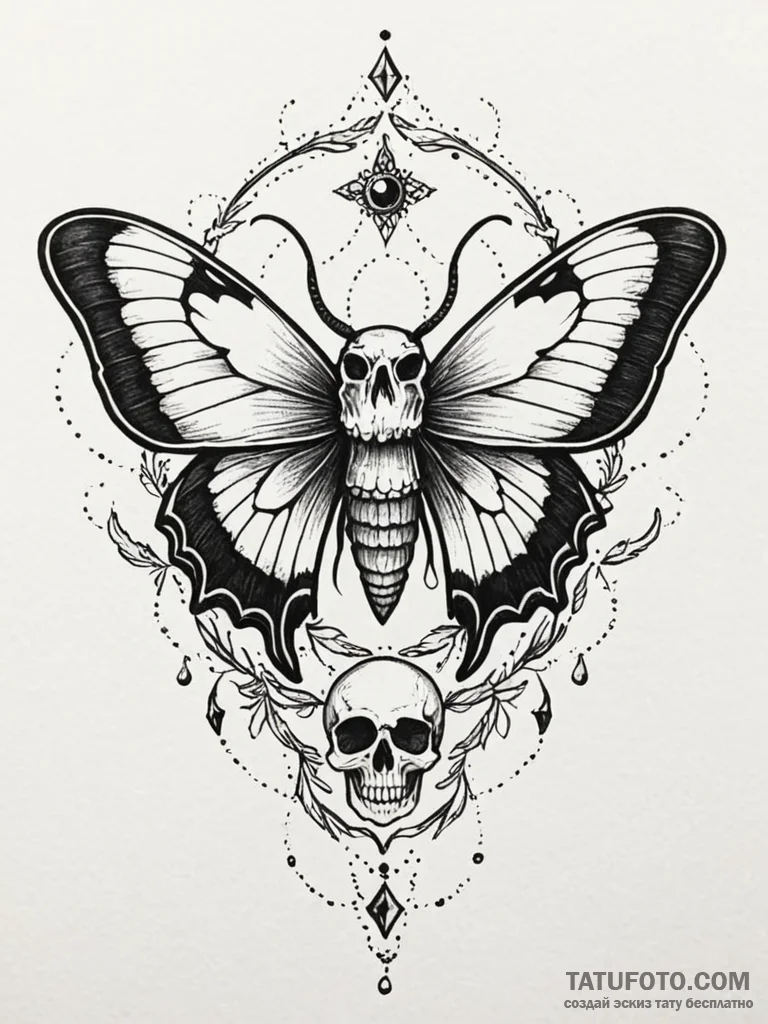 A moth on a skull, ink illustration for tatto... - эскиз тату (№1752558013_0, 15.07.2025 05:40) — Tatufoto.com