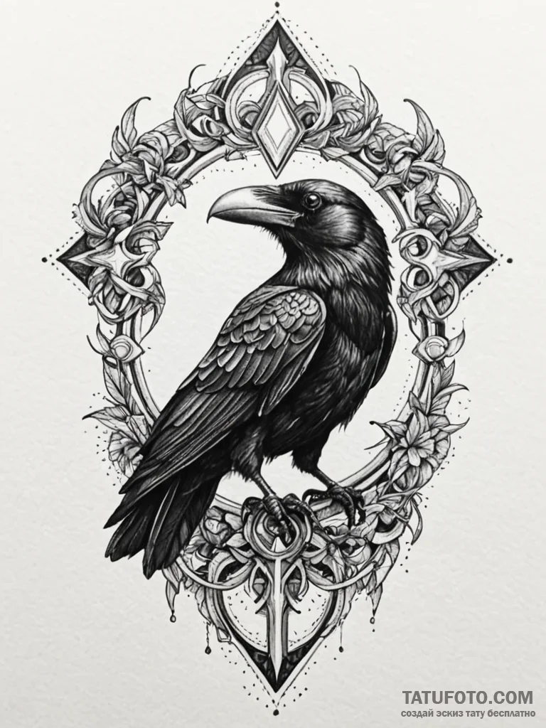 Battle-scarred helmet with a raven perched on… — эскиз тату (№1752558268_0, 15.07.2025 05:44) — Tatufoto.com