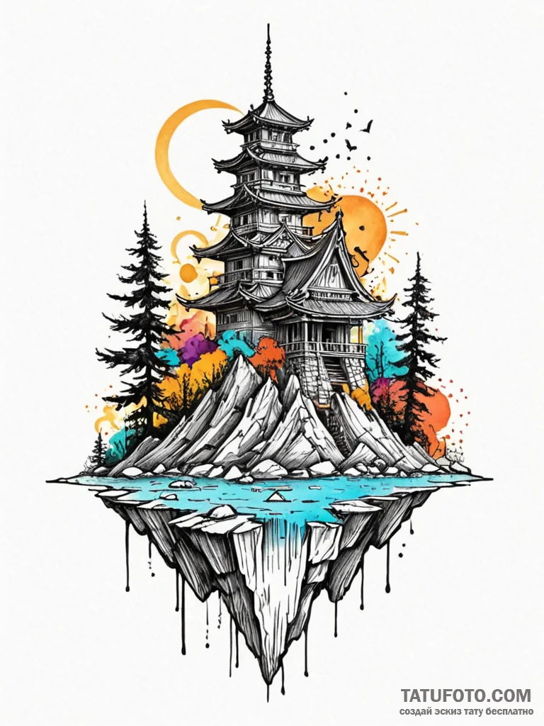 Komuso hat floating above ruins, tattoo drawi... - эскиз тату (№1752558524_0, 15.07.2025 05:48) — Tatufoto.com