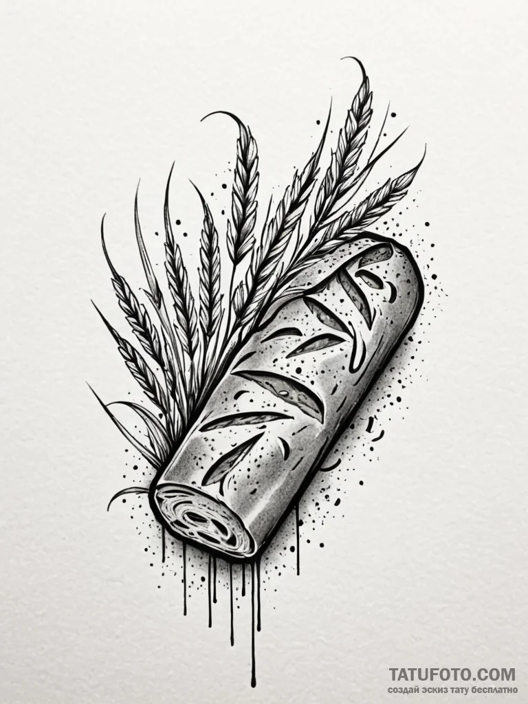 A rustic bread loaf with wheat stalks, artisa... - эскиз тату (№1752558694_0, 15.07.2025 05:51) — Tatufoto.com