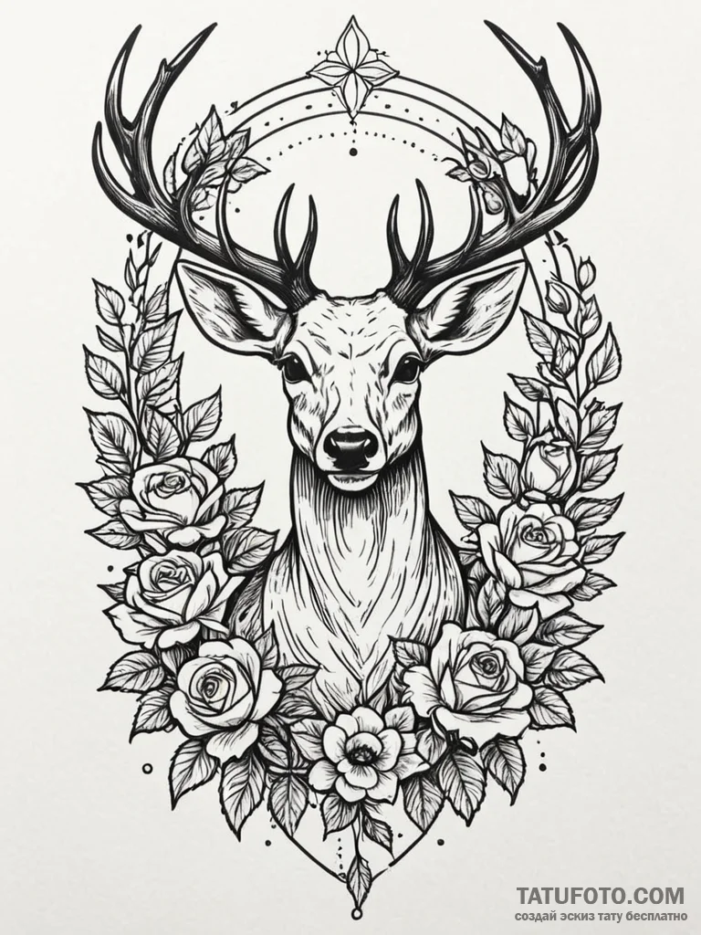 Angel deer crowned with flowers, concept art... - эскиз тату (№1752558864_0, 15.07.2025 05:54) — Tatufoto.com