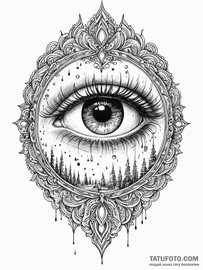 Mirror eye beneath burning sky, artistic tatt... - эскиз тату (№1752559034_0, 15.07.2025 05:57) — Tatufoto.com