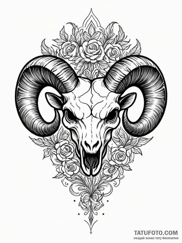 Ram's skull with ornate, swirling horns, conc... - эскиз тату (№1752559119_0, 15.07.2025 05:58) — Tatufoto.com