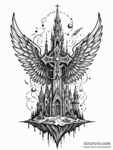 Noble wings beneath spectral spire, ink illus... - эскиз тату (№1752559544_0, 15.07.2025 06:05) — Tatufoto.com