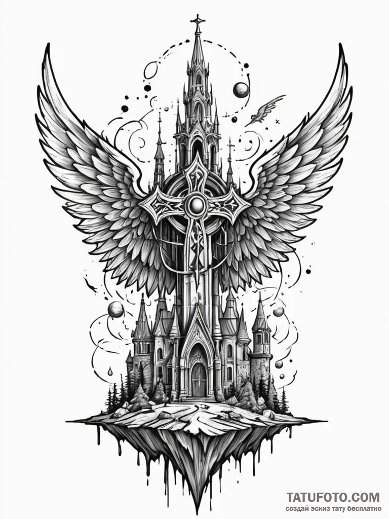 Noble wings beneath spectral spire, ink illus... - эскиз тату (№1752559544_0, 15.07.2025 06:05) — Tatufoto.com
