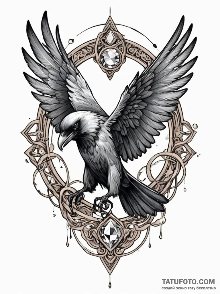 Angelic raven clutching gem, tattoo flash she... - эскиз тату (№1752559970_0, 15.07.2025 06:12) — Tatufoto.com