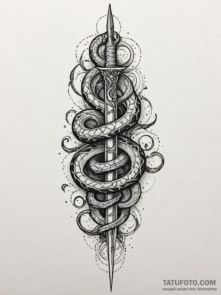 Glowing serpent coiled around dagger, tattoo... - эскиз тату (№1752560482_0, 15.07.2025 06:21) — Tatufoto.com