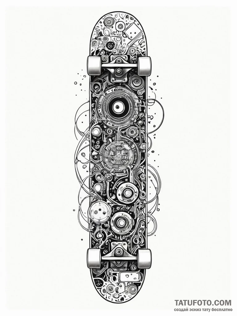 Skateboard deck with a circuit board design,... - эскиз тату (№1752562622_0, 15.07.2025 06:57) — Tatufoto.com