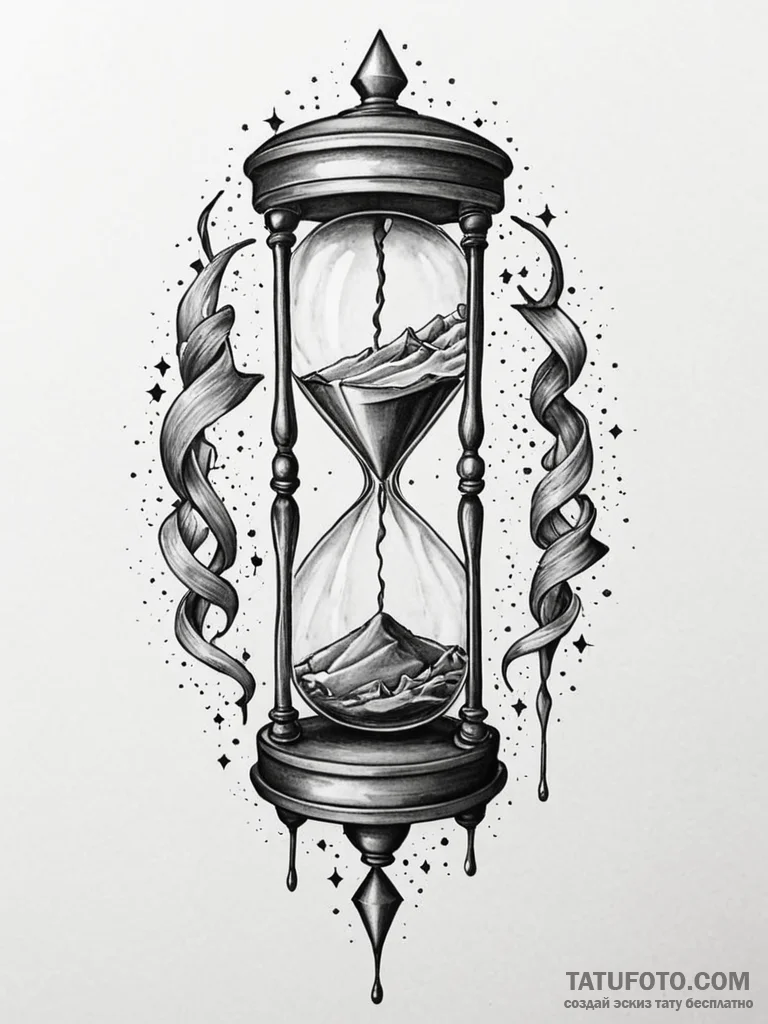 Broken hourglass spilling stars, tattoo flash… — эскиз тату (№1752562878_0, 15.07.2025 07:01) — Tatufoto.com