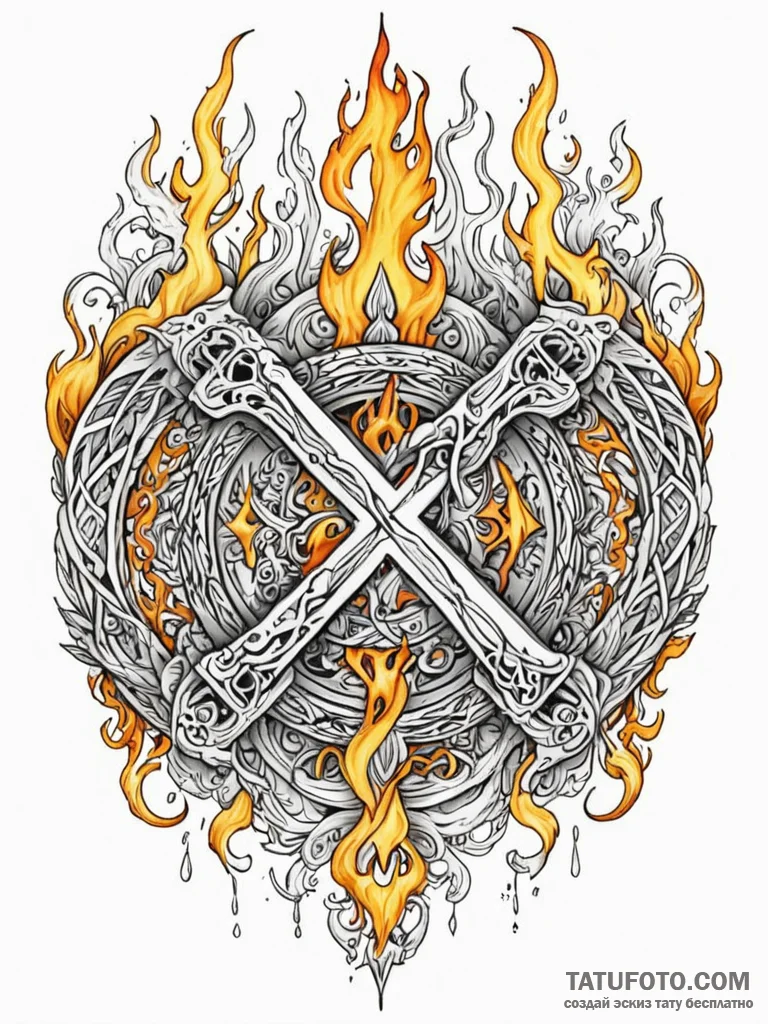Yellow flame devouring ancient rune, tattoo f... - эскиз тату (№1752563049_0, 15.07.2025 07:04) — Tatufoto.com