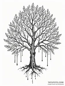Ashen tree with bleeding leaves, tattoo line... - эскиз тату (№1752563388_0, 15.07.2025 07:09) — Tatufoto.com