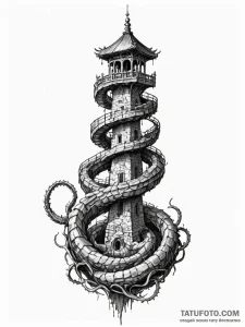 Abyssal serpent spiraling tower, tattoo drawi... - эскиз тату (№1752563813_0, 15.07.2025 07:16) — Tatufoto.com