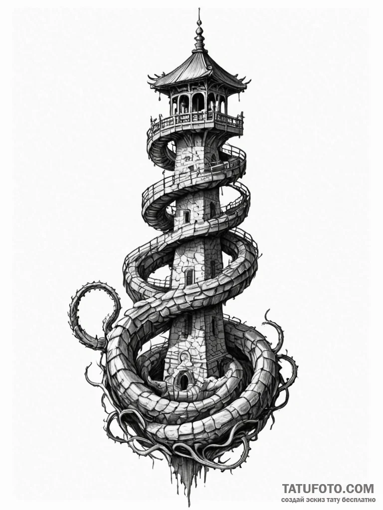 Abyssal serpent spiraling tower, tattoo drawi… — эскиз тату (№1752563813_0, 15.07.2025 07:16) — Tatufoto.com