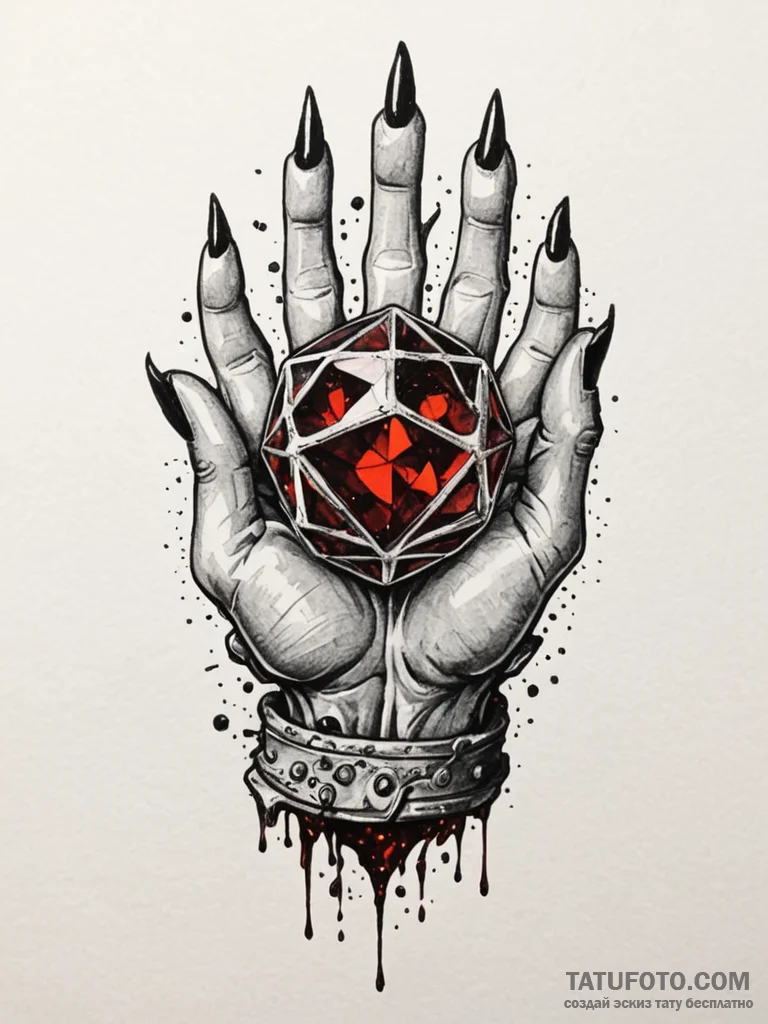 Clawed gauntlet crushing crystal orb, tattoo… — эскиз тату (№1752564582_0, 15.07.2025 07:29) — Tatufoto.com