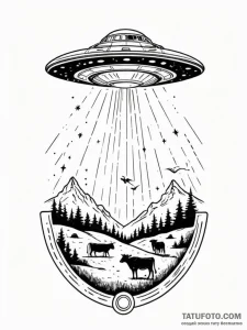 Ufo abducting a cow with a beam of light, tat... - эскиз тату (№1752564838_0, 15.07.2025 07:33) — Tatufoto.com