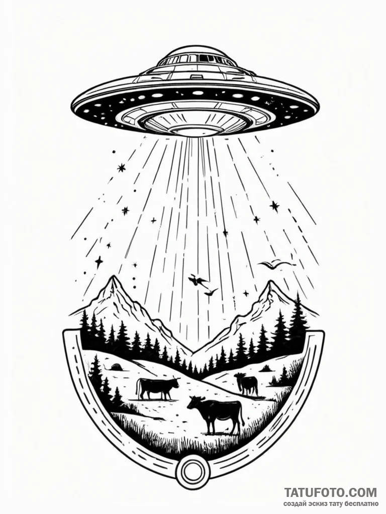 Ufo abducting a cow with a beam of light, tat... - эскиз тату (№1752564838_0, 15.07.2025 07:33) — Tatufoto.com