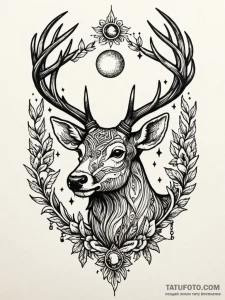 Root-crowned stag beneath crescent moon, tatt... - эскиз тату (№1752565007_0, 15.07.2025 07:36) — Tatufoto.com