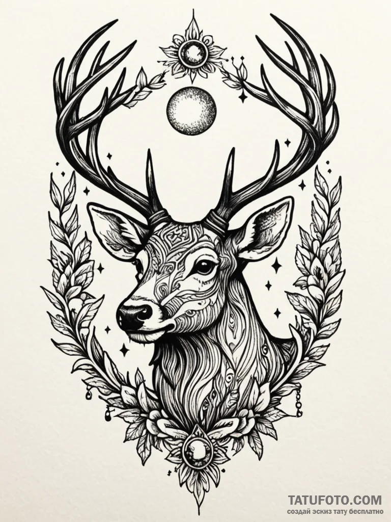 Root-crowned stag beneath crescent moon, tatt... - эскиз тату (№1752565007_0, 15.07.2025 07:36) — Tatufoto.com